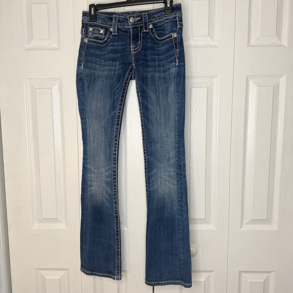 Miss Me Bootcut Jeans 25 Y2K Bling Rhinestone Embellished Flap Pocket Low Rise